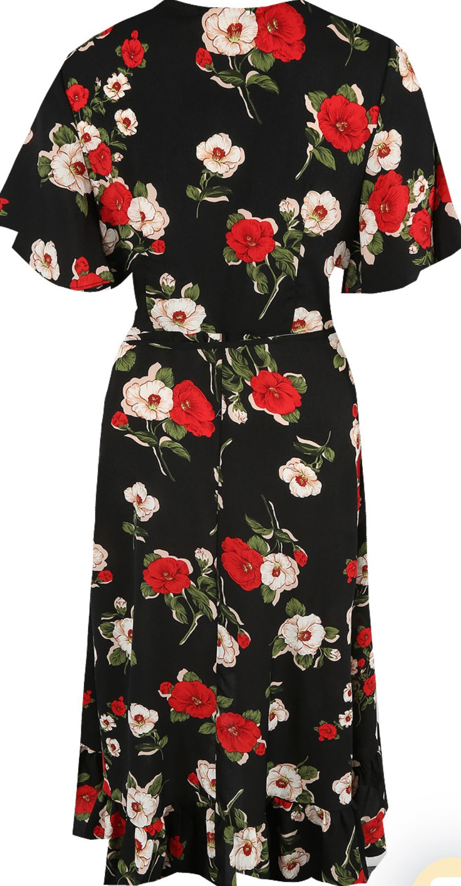 BLACK MULTI FLORAL PRINT WRAP FRILL MIDI DRESS