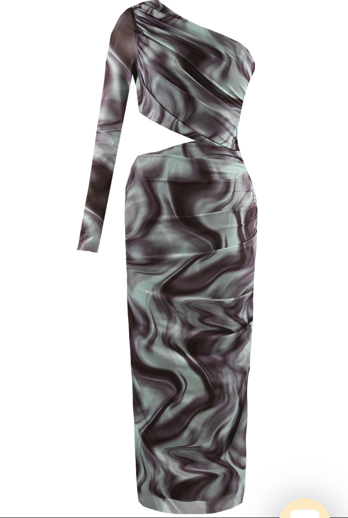 BLUE MULTI MARBLE PRINT ASYMMETRIC CUT OUT MIDI DRESS