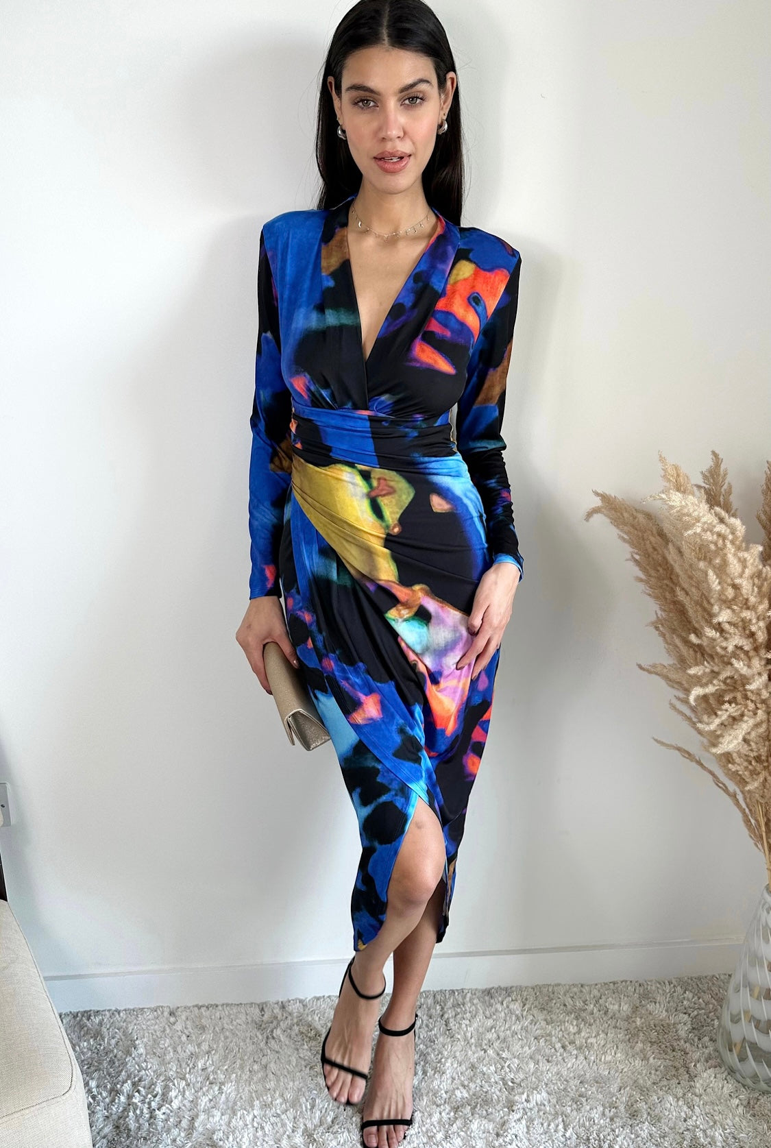 BLUE MULTI ABSTRACT PRINT SLINKY WRAP MIDI DRESS