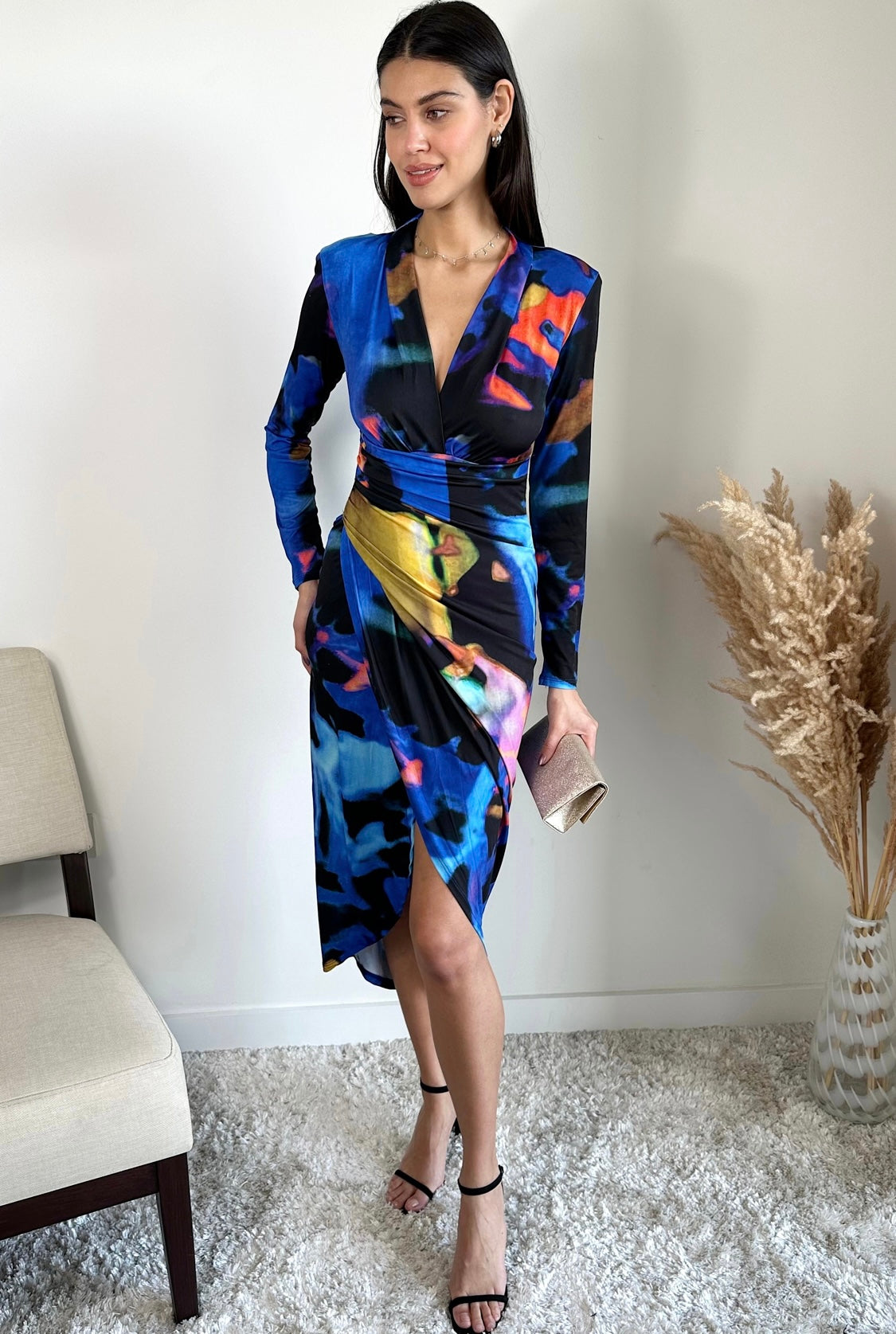 BLUE MULTI ABSTRACT PRINT SLINKY WRAP MIDI DRESS