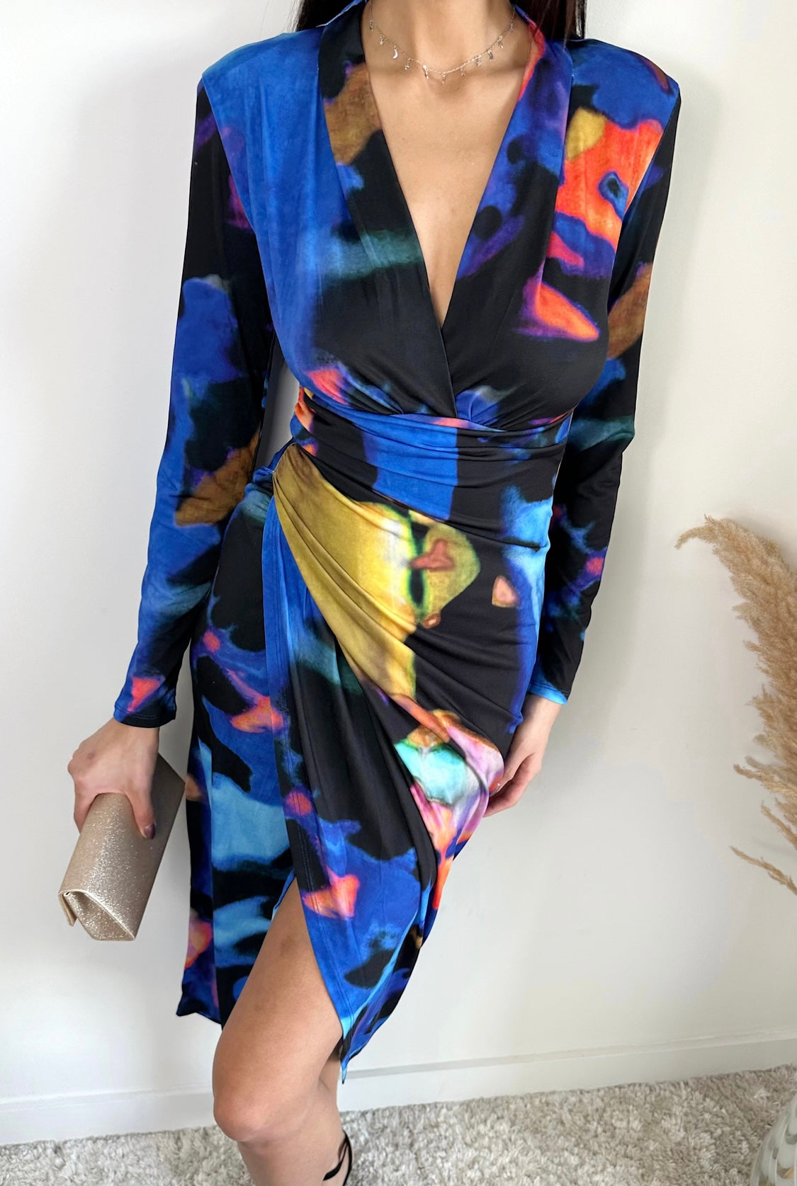 BLUE MULTI ABSTRACT PRINT SLINKY WRAP MIDI DRESS