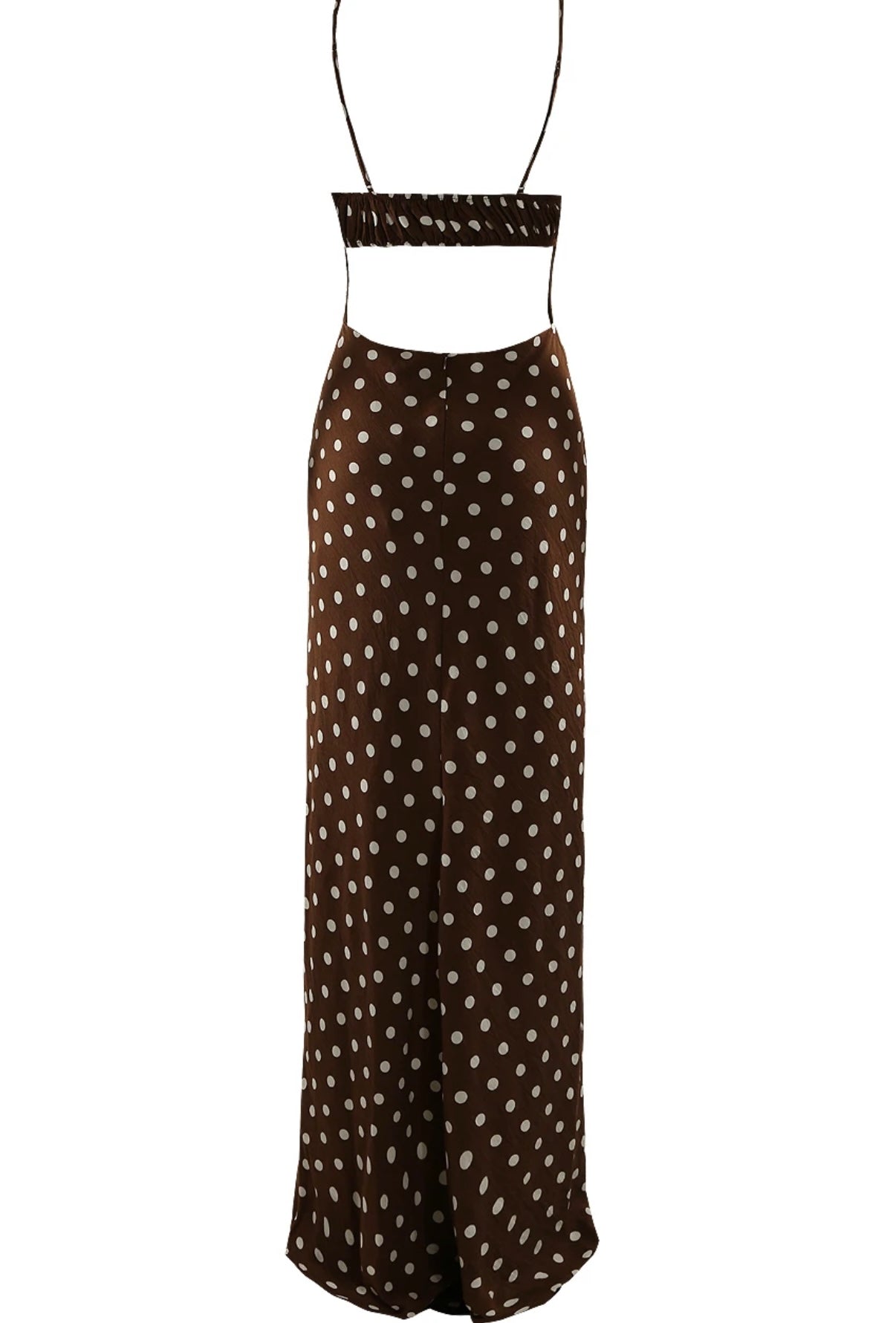 CHOCOLATE BROWN POLKA DOT PRINT CUT OUT BACK MAXI DRESS