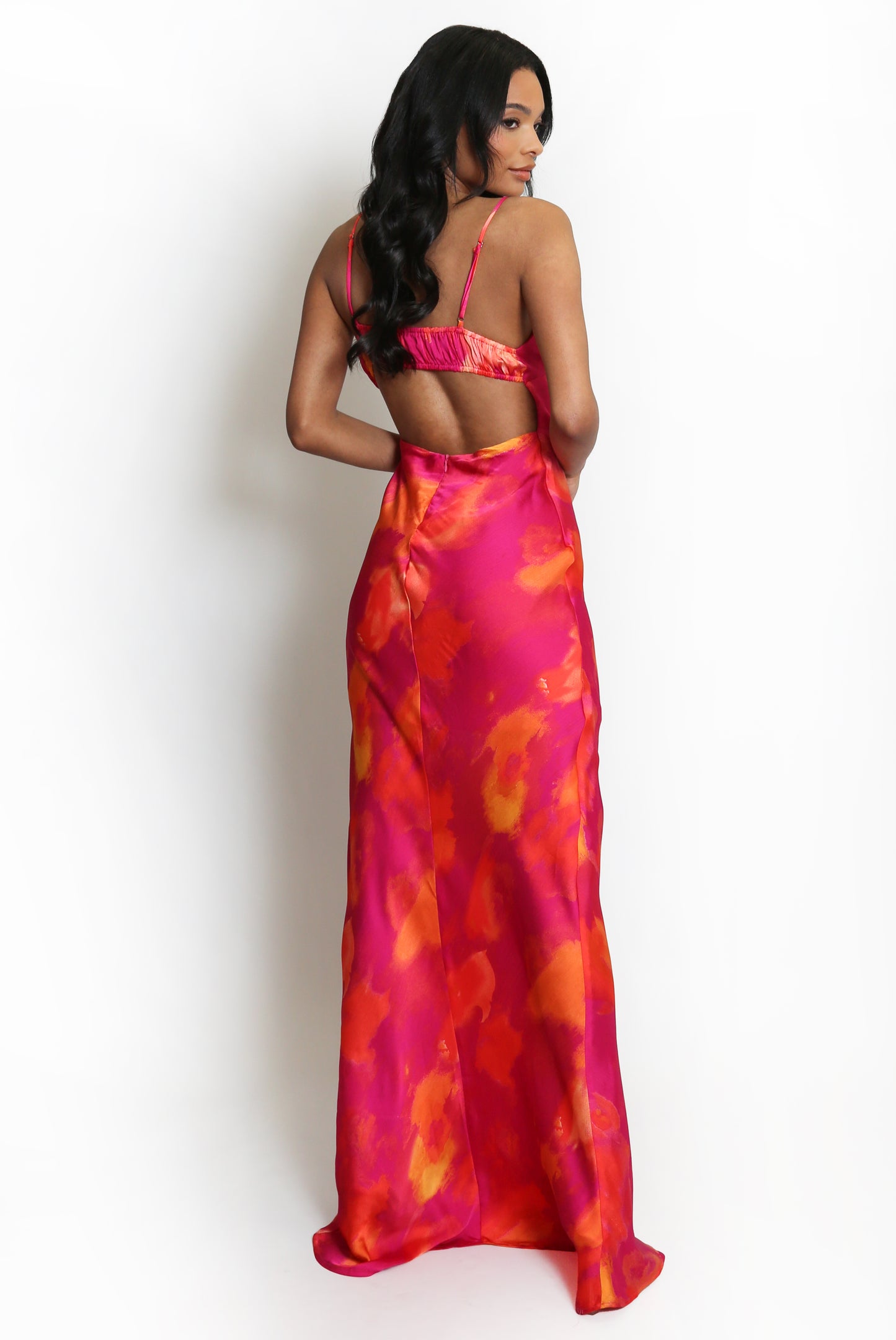 FUCHSIA MULTI ABSTRACT PRINT CUT OUT BACK MAXI DRESS