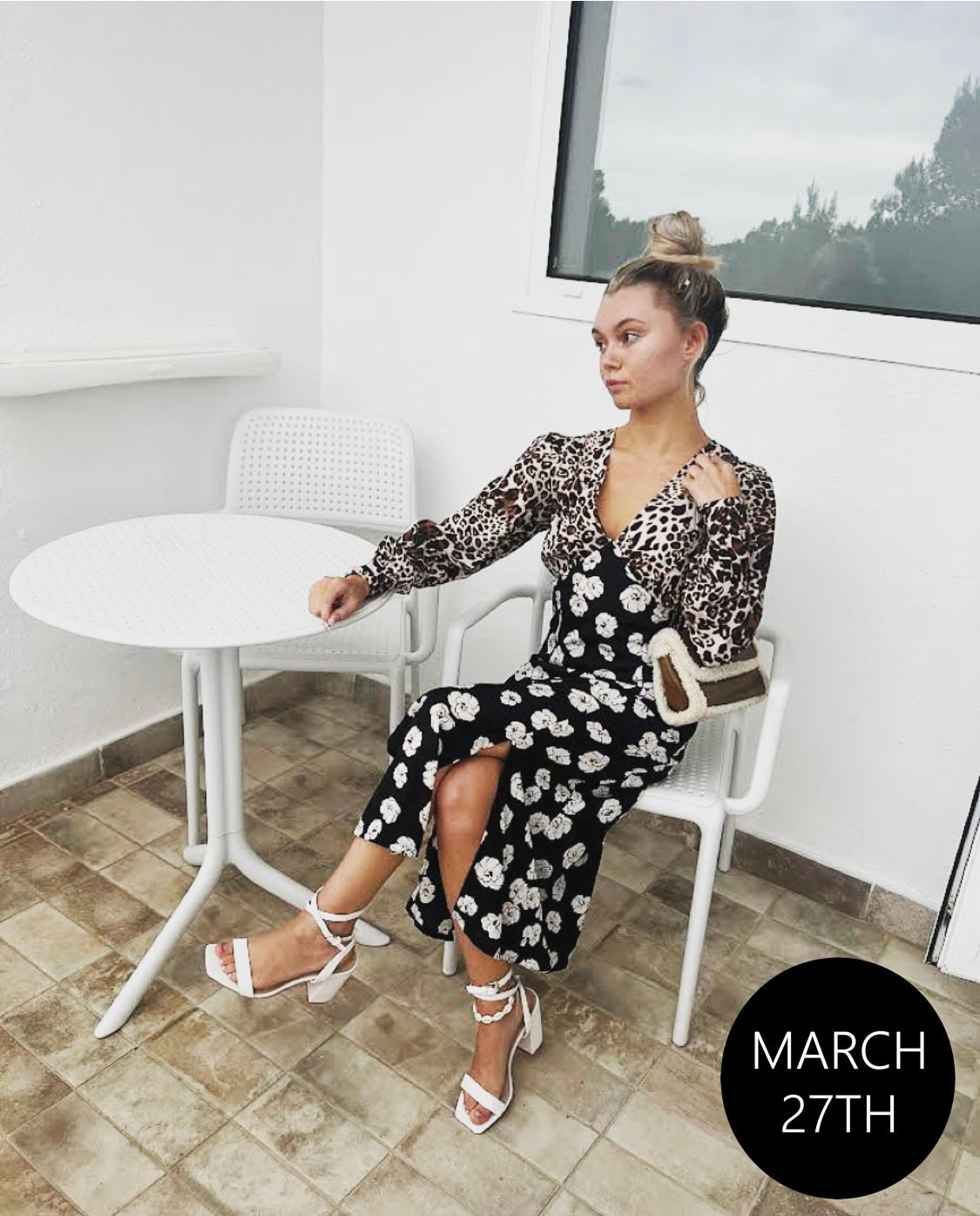 Leopard and black floral mixed printed v neck midi dress with double splits