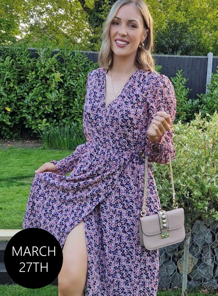 PINK FLORAL PRINT PUFF SLEEVE WRAP MIDI DRESS