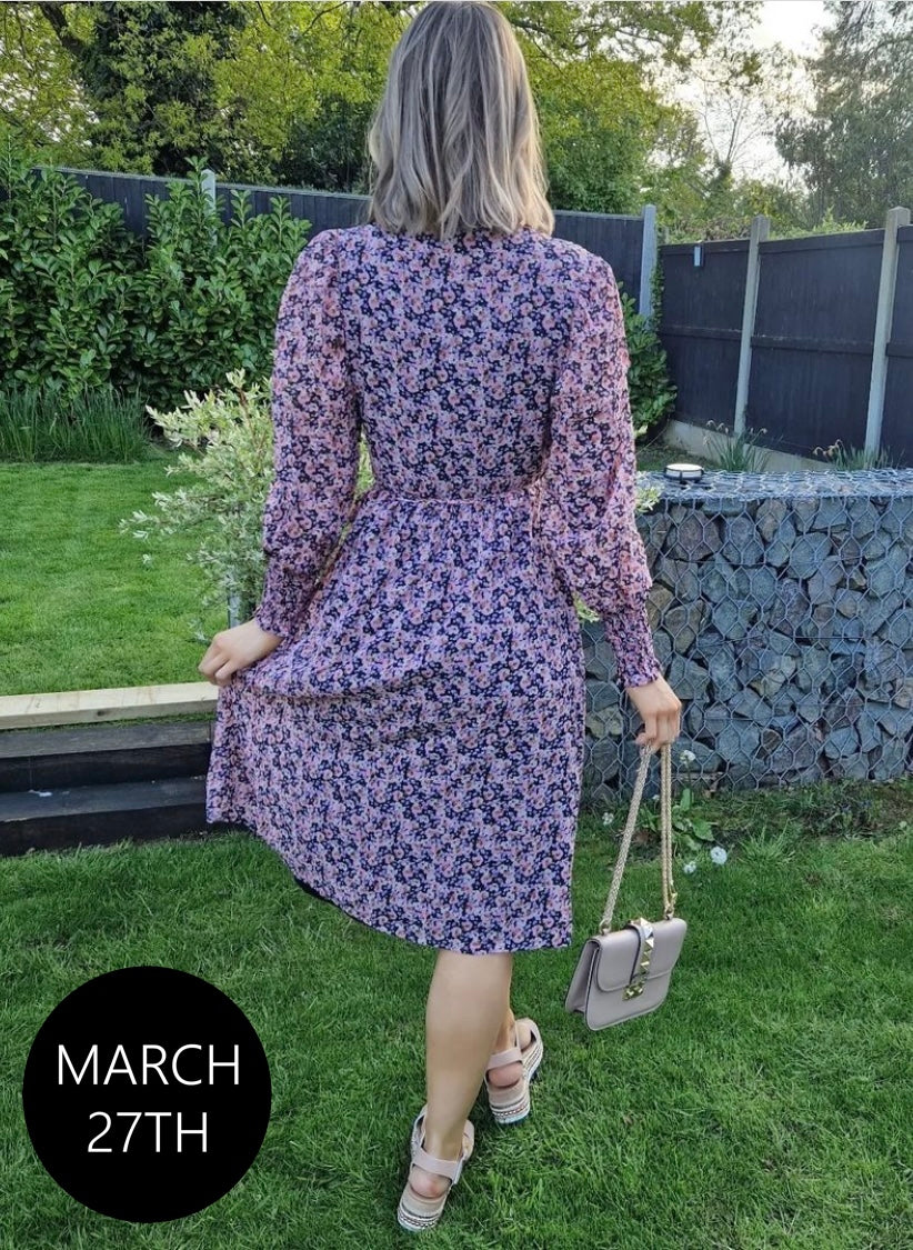 PINK FLORAL PRINT PUFF SLEEVE WRAP MIDI DRESS