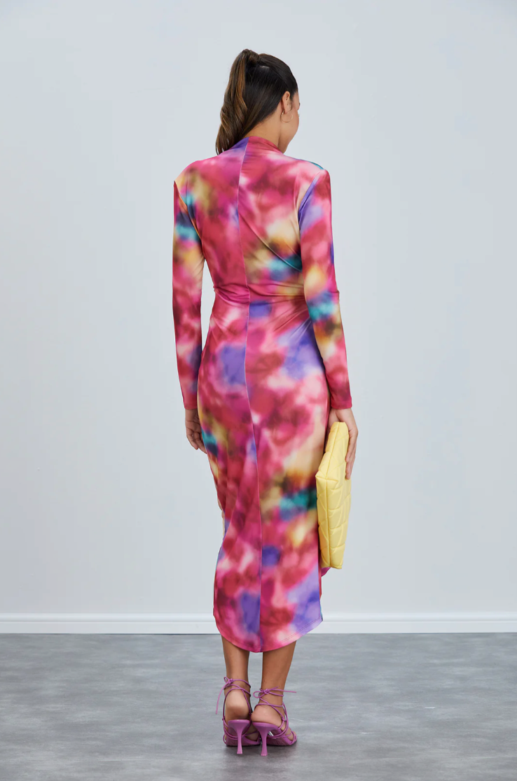PINK MULTI ABSTRACT PRINT SLINKY WRAP MIDI DRESS