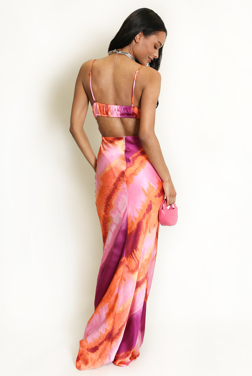 PINK MULTI ABSTRACT STRIPE PRINT CUT OUT BACK MAXI DRESS