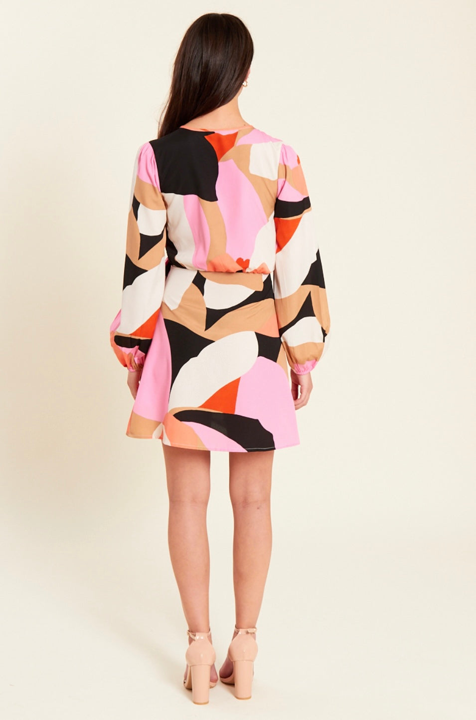 PINK & ORANGE MULTI 70'S COLOUR BLOCK WRAP MINI DRESS