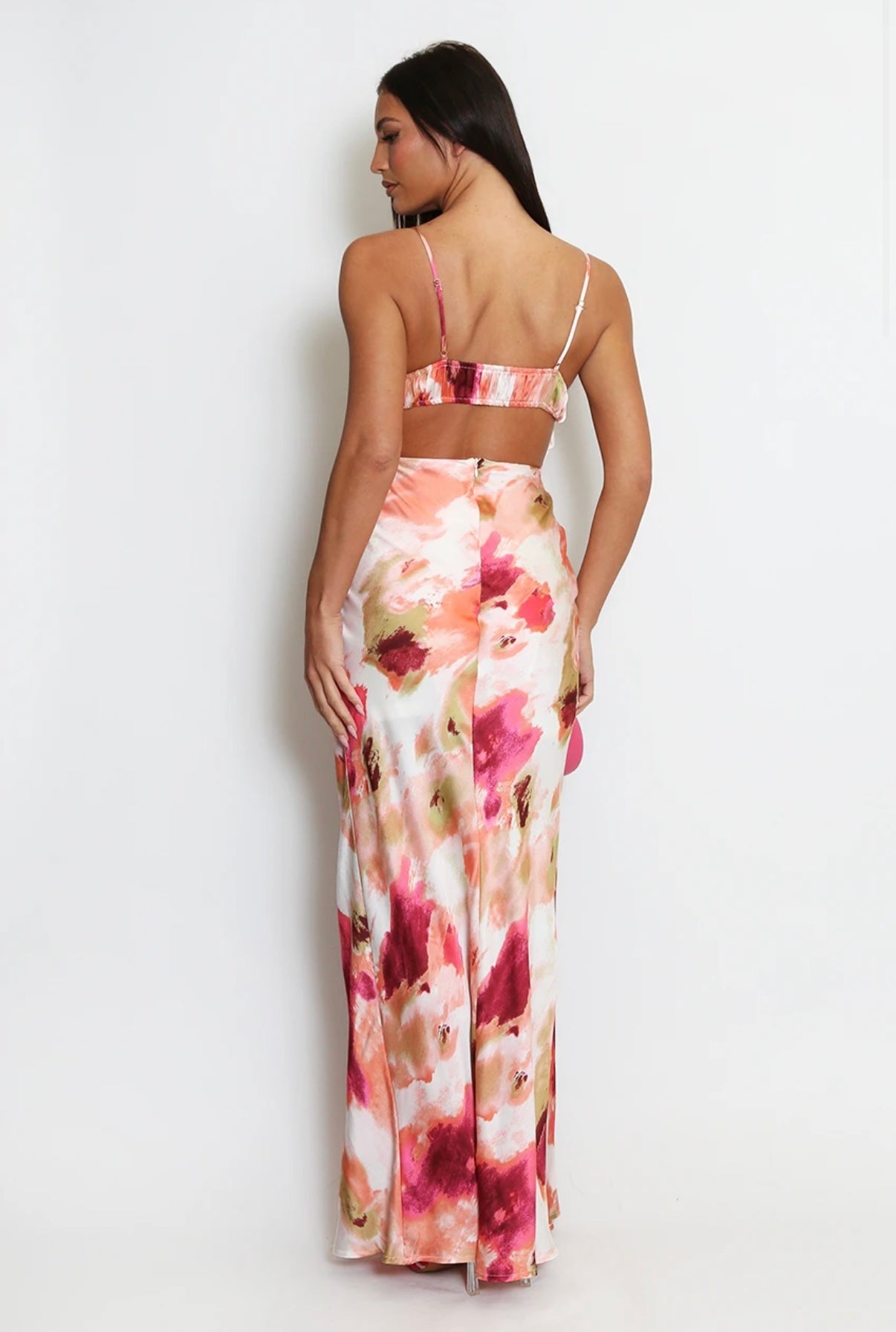 WHITE MULTI WATERCOLOUR ABSTRACT PRINT CUT OUT BACK MAXI DRESS