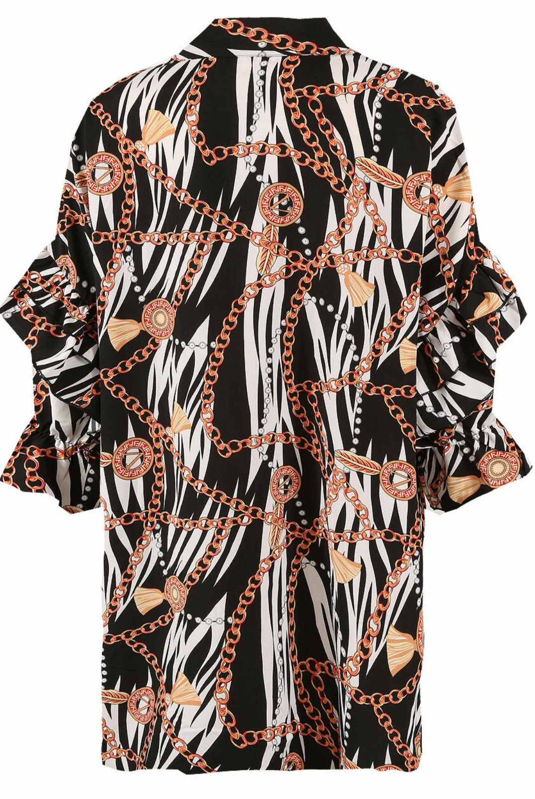 Black and ivory zebra chain print smock shirt dress with 3/4 frill sleeves and ornate gold buttons