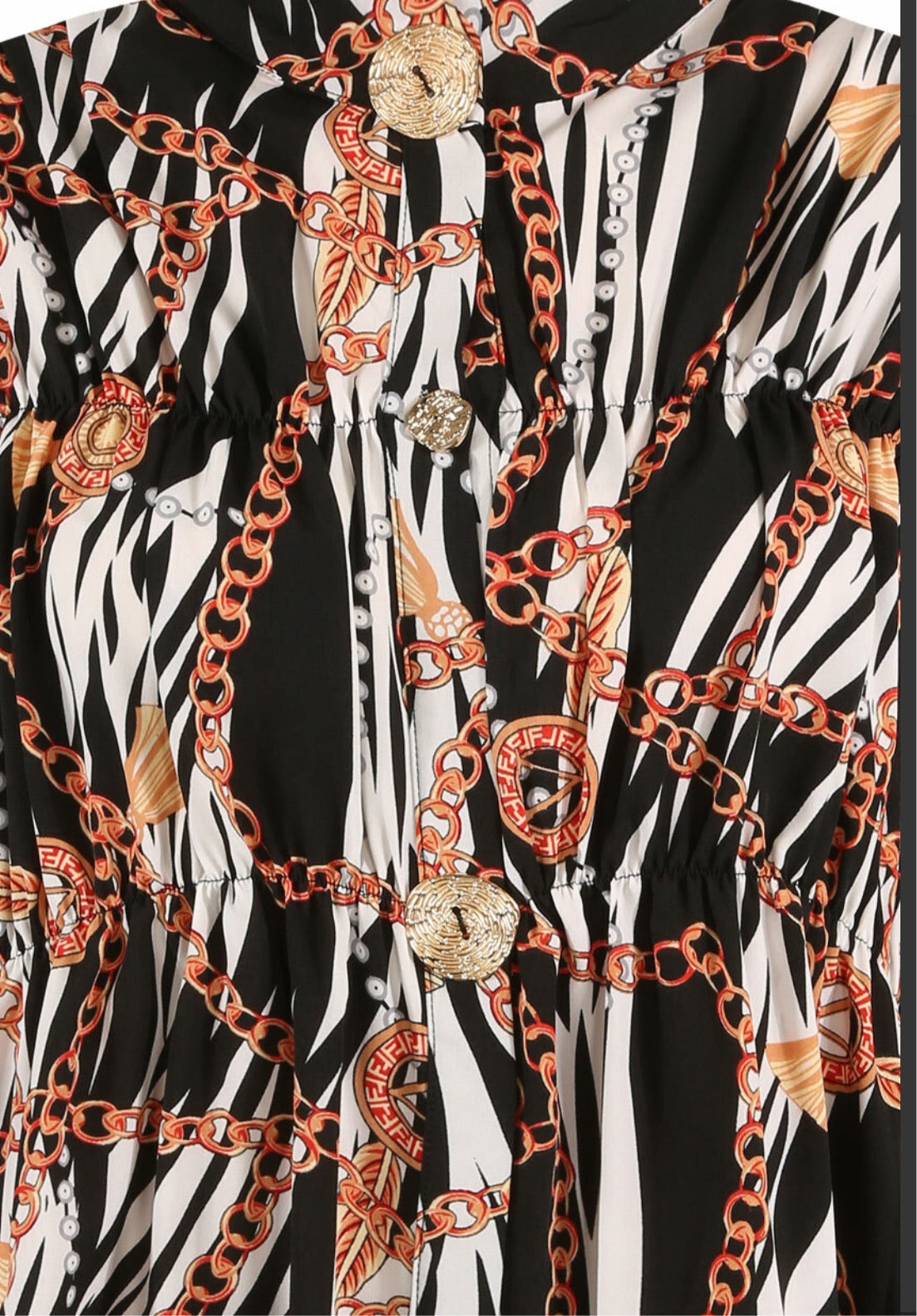 Black and ivory zebra chain print smock shirt dress with 3/4 frill sleeves and ornate gold buttons