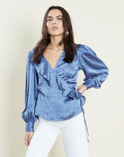 Blue leopard printed satin wrap blouse with frill detail