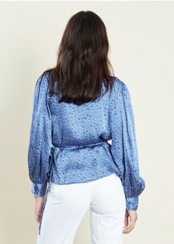 Blue leopard printed satin wrap blouse with frill detail