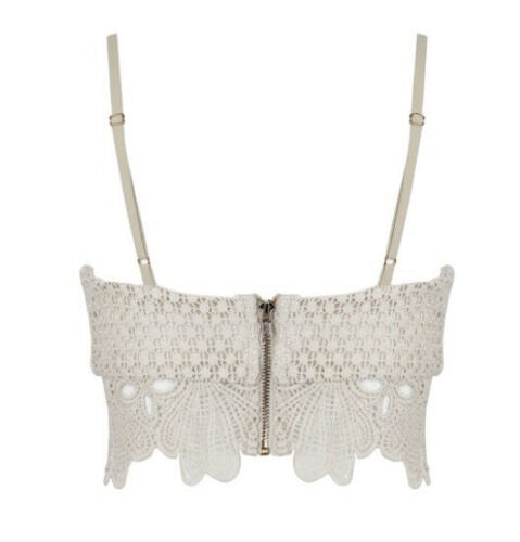 Ivory crotchet lace crop top with adjustable straps and exposed gold zip on back