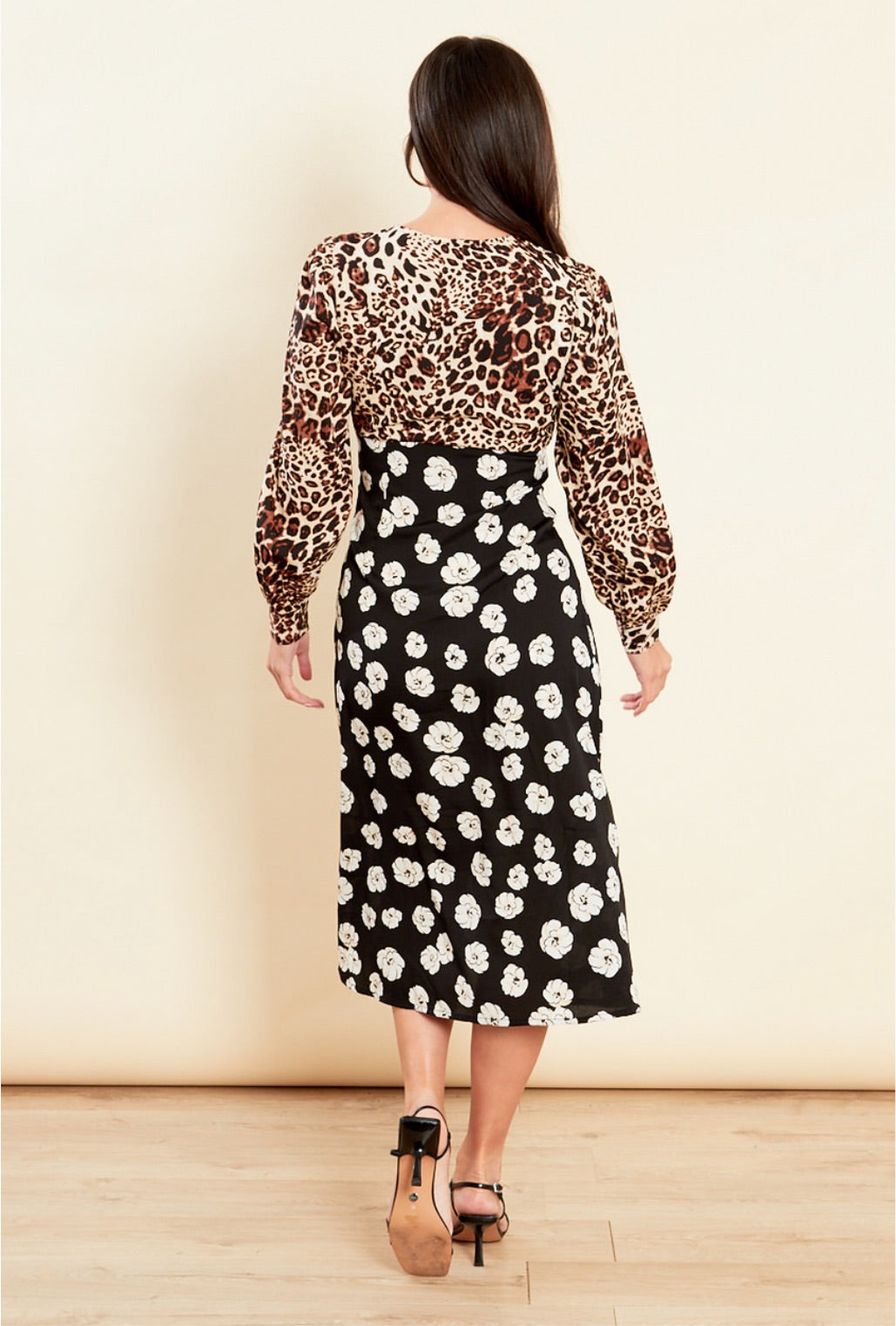 Leopard and black floral mixed printed v neck midi dress with double splits