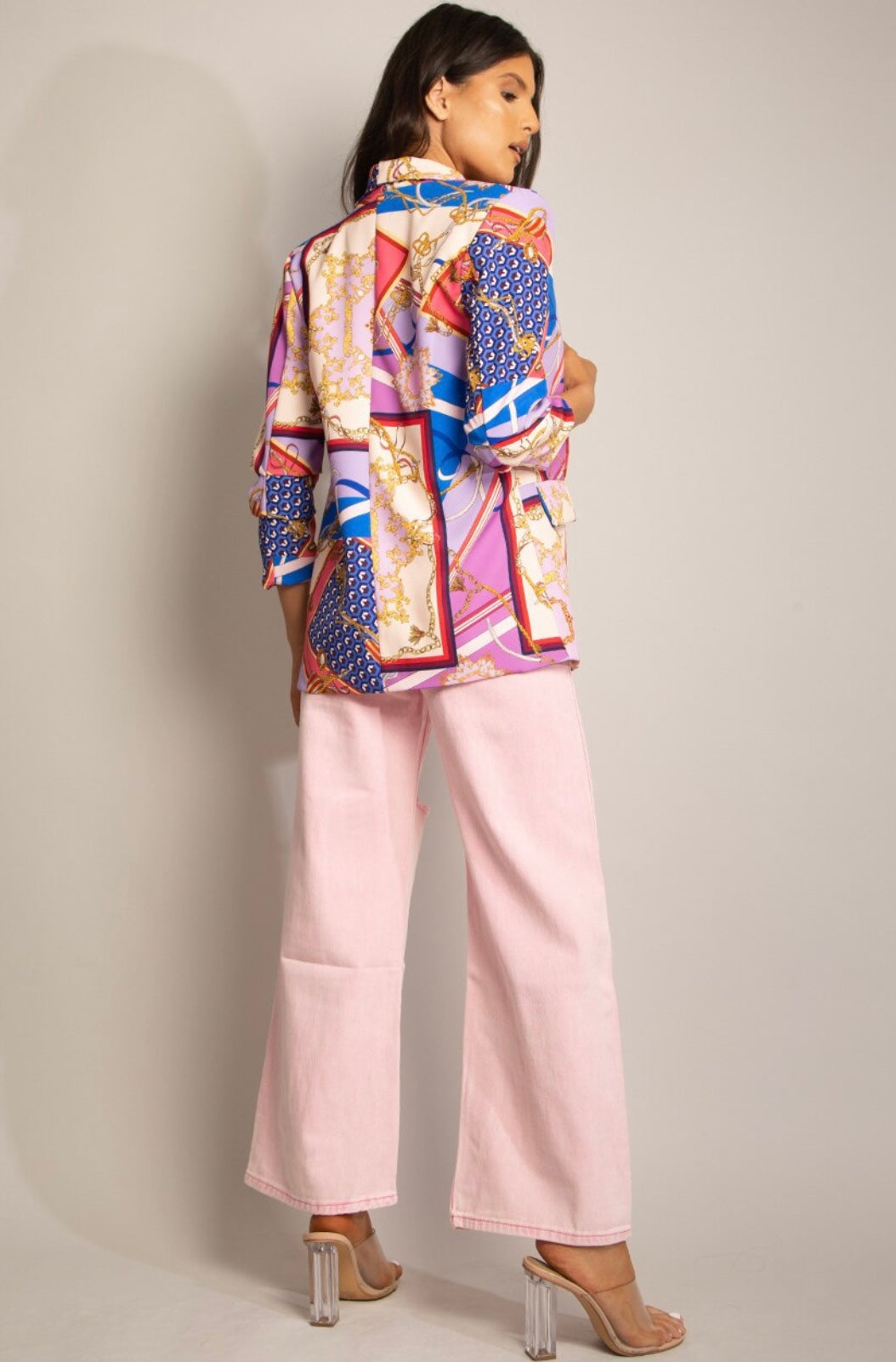Bright scarf print ruched sleeve, lined, edge to edge shawl collar blazer
