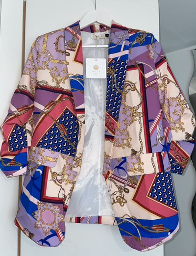 Bright scarf print ruched sleeve, lined, edge to edge shawl collar blazer