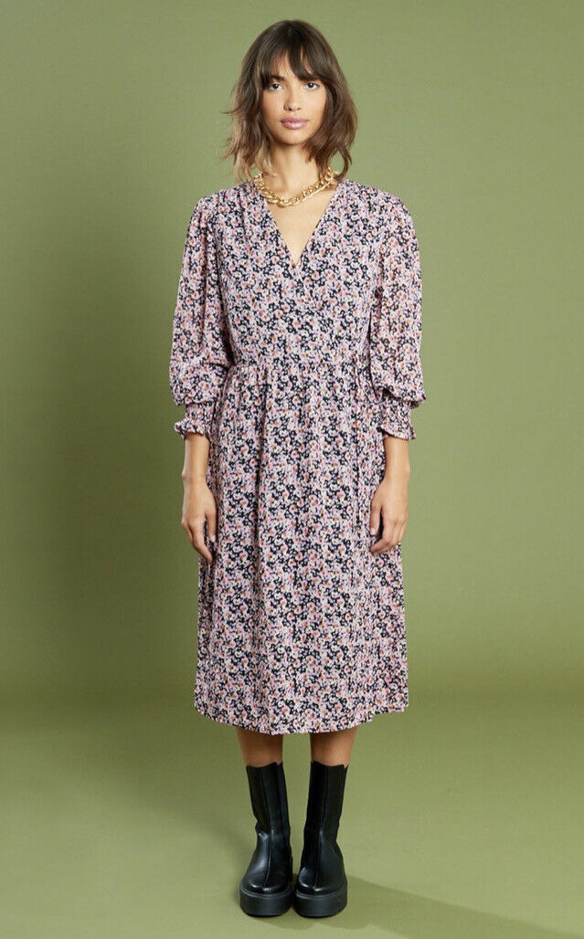 Pink multi floral printed puff sleeve wrap midi dress