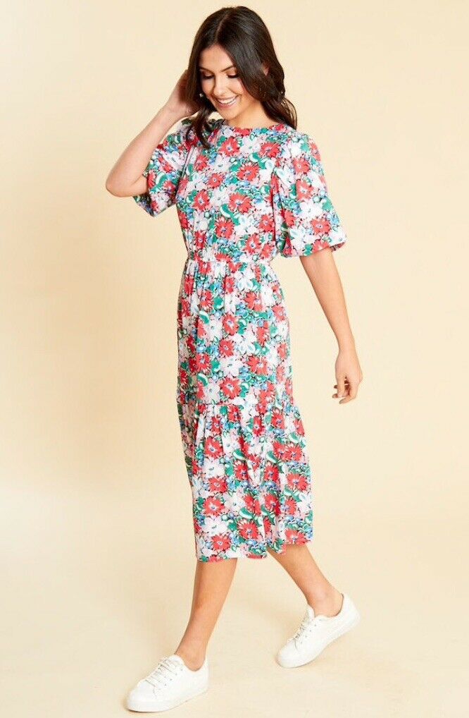 Red multi floral printed midi dress with short puff sleeves, drop hem and low back with tie detail