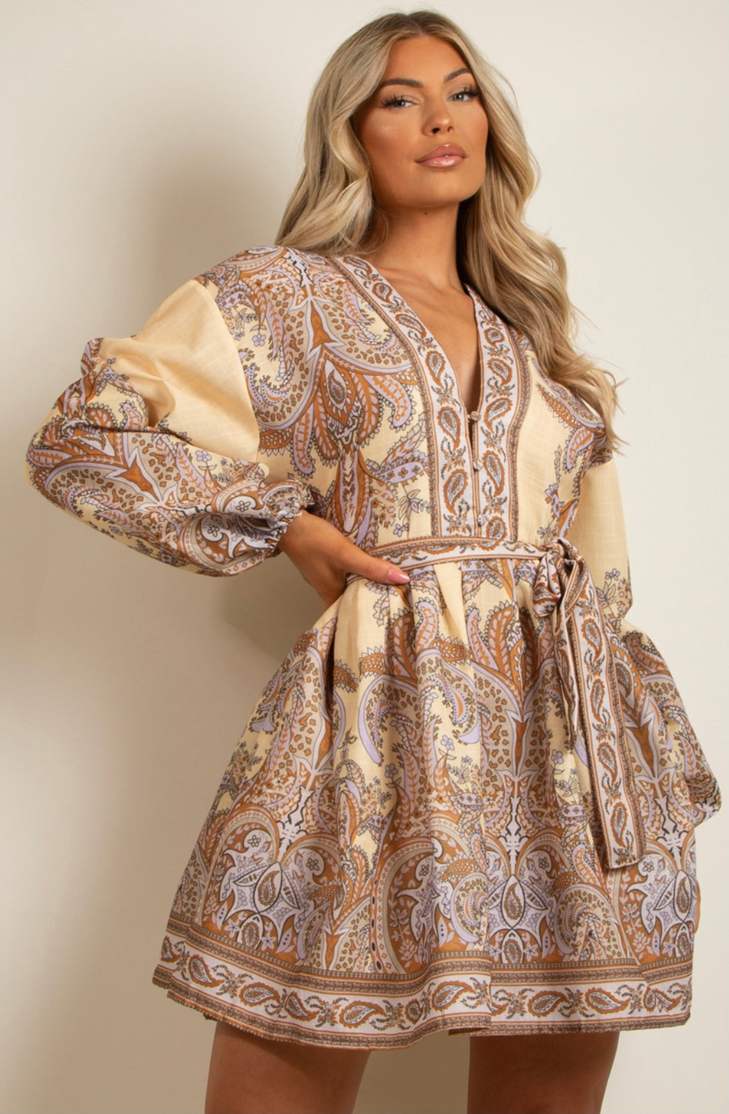Pastel yellow paisley border printed long balloon elasticated sleeve circle skirt tie waist mini dress