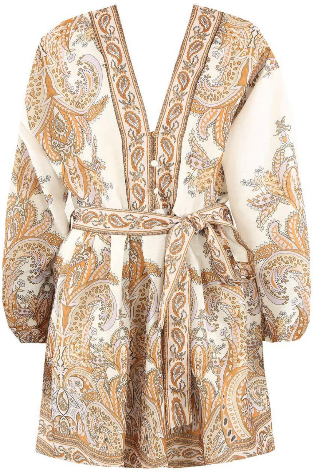 Pastel yellow paisley border printed long balloon elasticated sleeve circle skirt tie waist mini dress