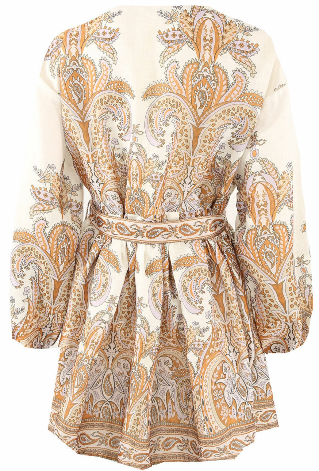 Pastel yellow paisley border printed long balloon elasticated sleeve circle skirt tie waist mini dress
