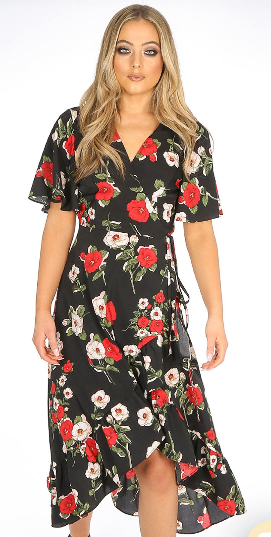 BLACK MULTI FLORAL PRINT WRAP FRILL MIDI DRESS