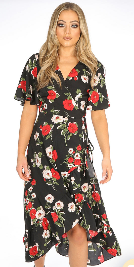 BLACK MULTI FLORAL PRINT WRAP FRILL MIDI DRESS