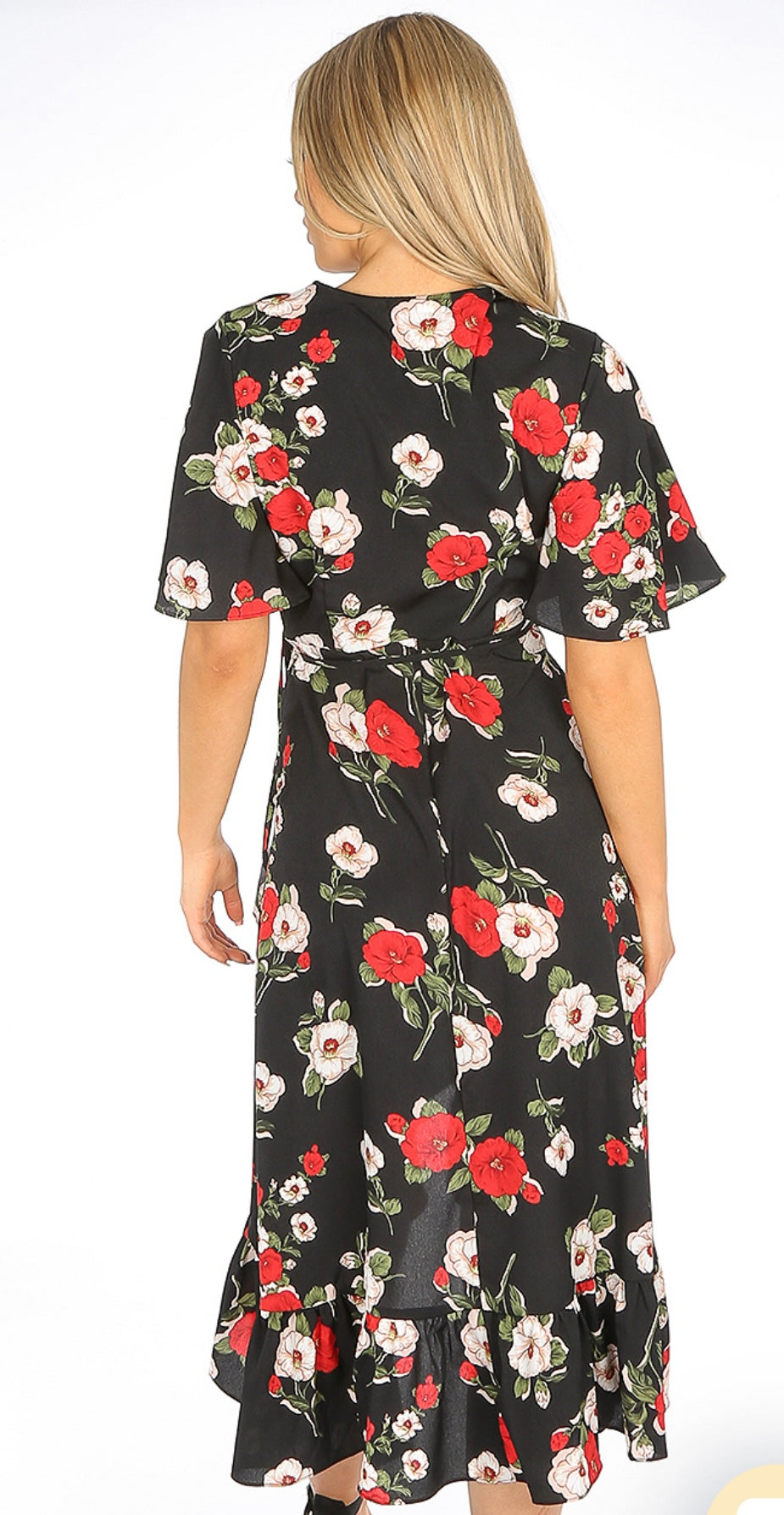 BLACK MULTI FLORAL PRINT WRAP FRILL MIDI DRESS
