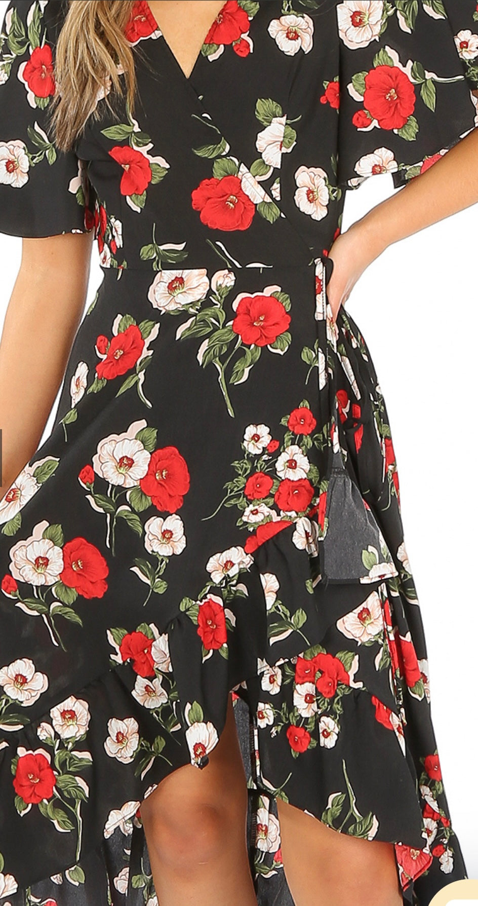 BLACK MULTI FLORAL PRINT WRAP FRILL MIDI DRESS
