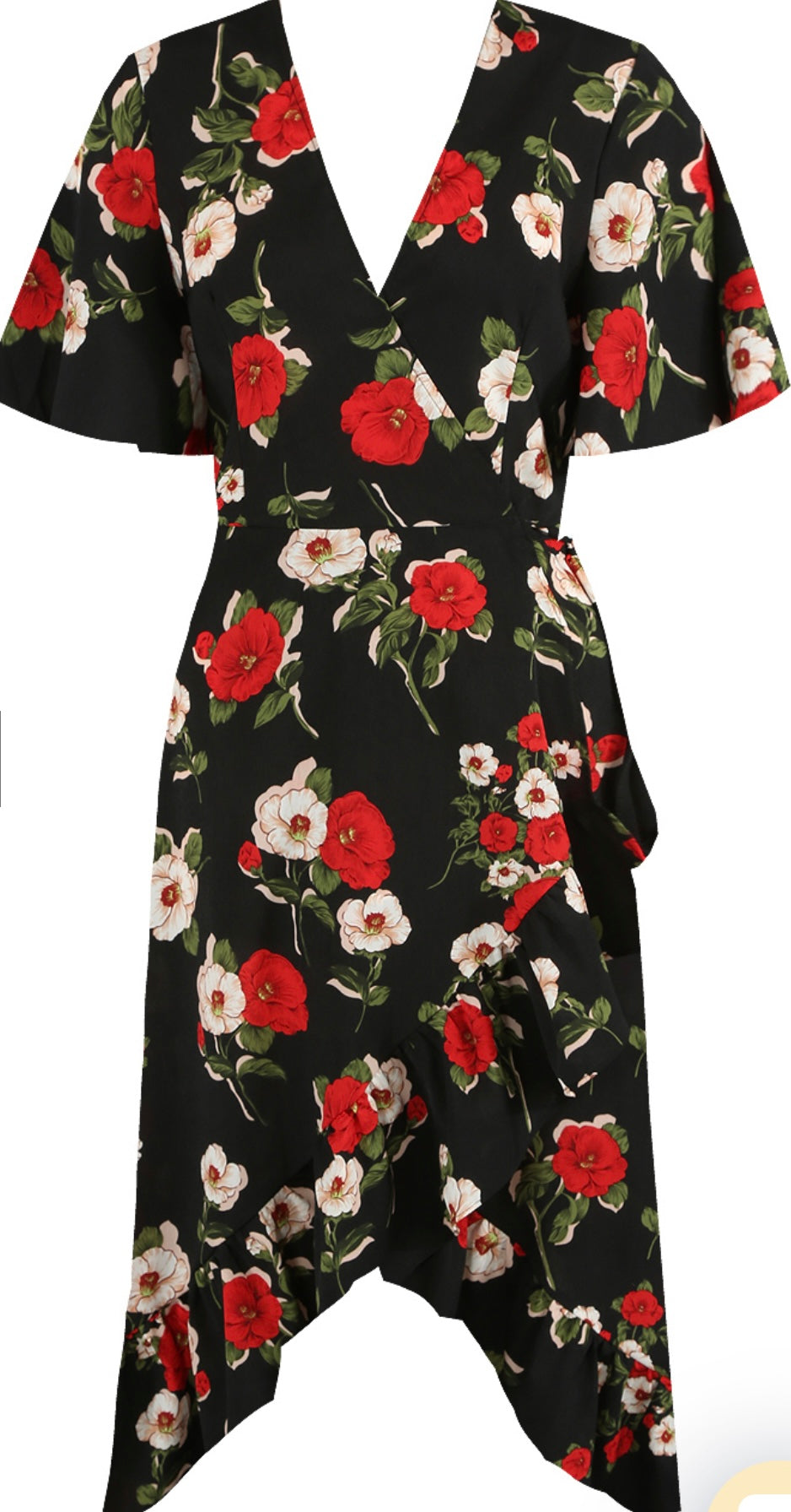 BLACK MULTI FLORAL PRINT WRAP FRILL MIDI DRESS