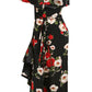 BLACK MULTI FLORAL PRINT WRAP FRILL MIDI DRESS
