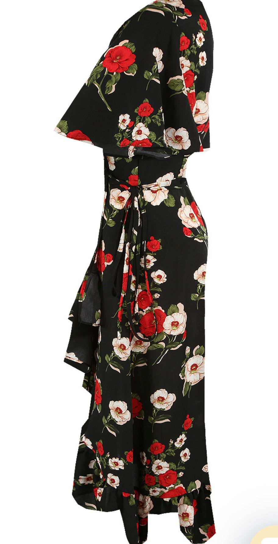 BLACK MULTI FLORAL PRINT WRAP FRILL MIDI DRESS