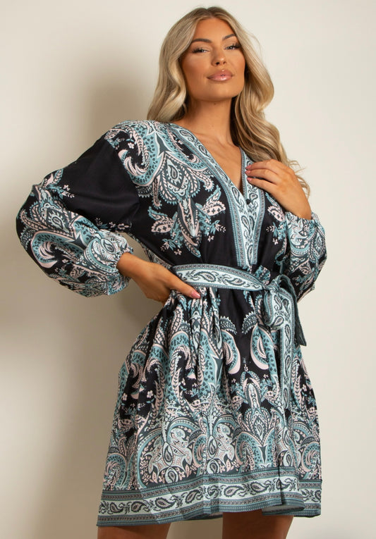 BLACK PAISLEY BORDER PRINT CIRCLE SKIRT TIE WAIST DRESS