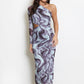 BLUE MULTI MARBLE PRINT ASYMMETRIC CUT OUT MIDI DRESS