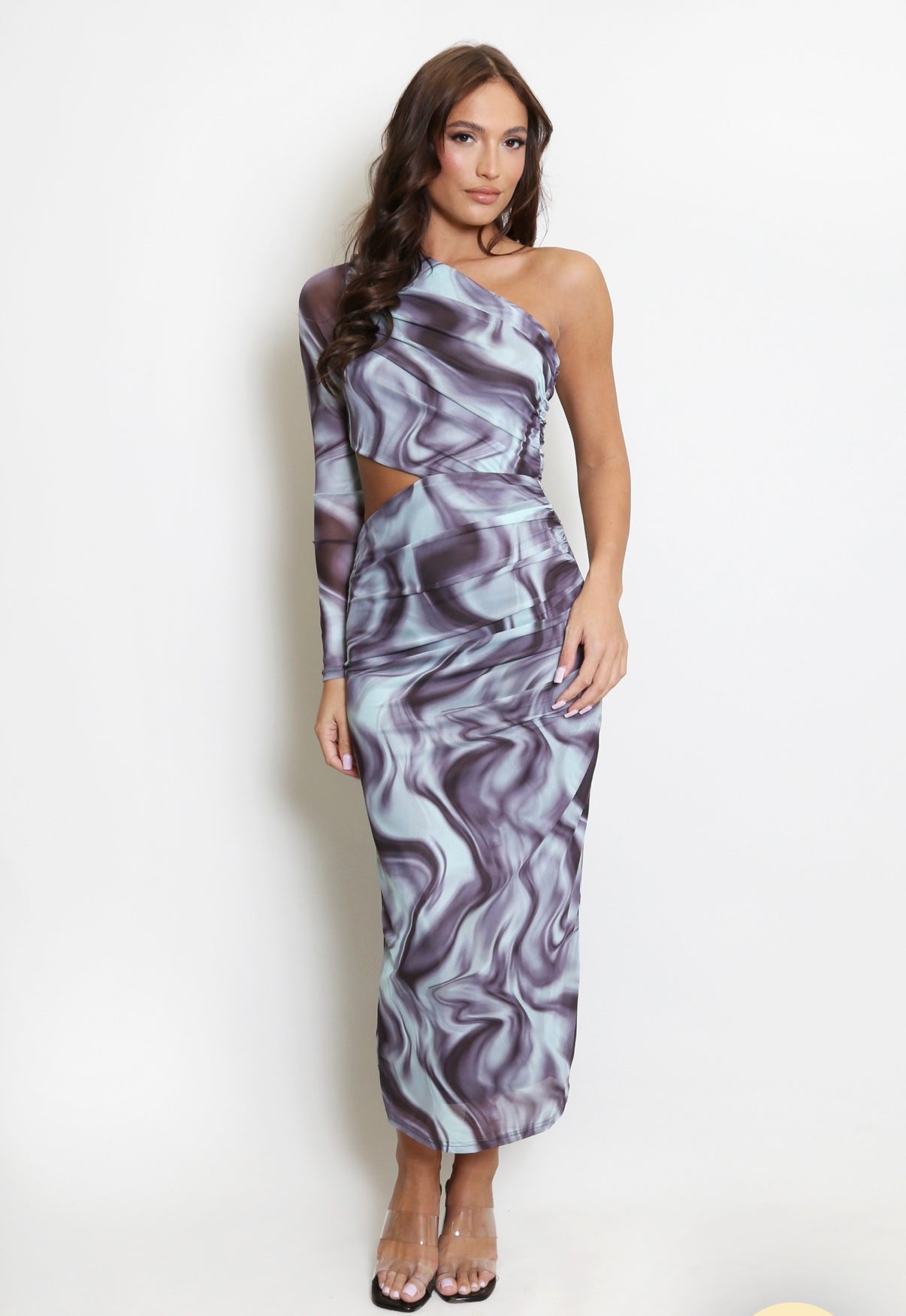 BLUE MULTI MARBLE PRINT ASYMMETRIC CUT OUT MIDI DRESS