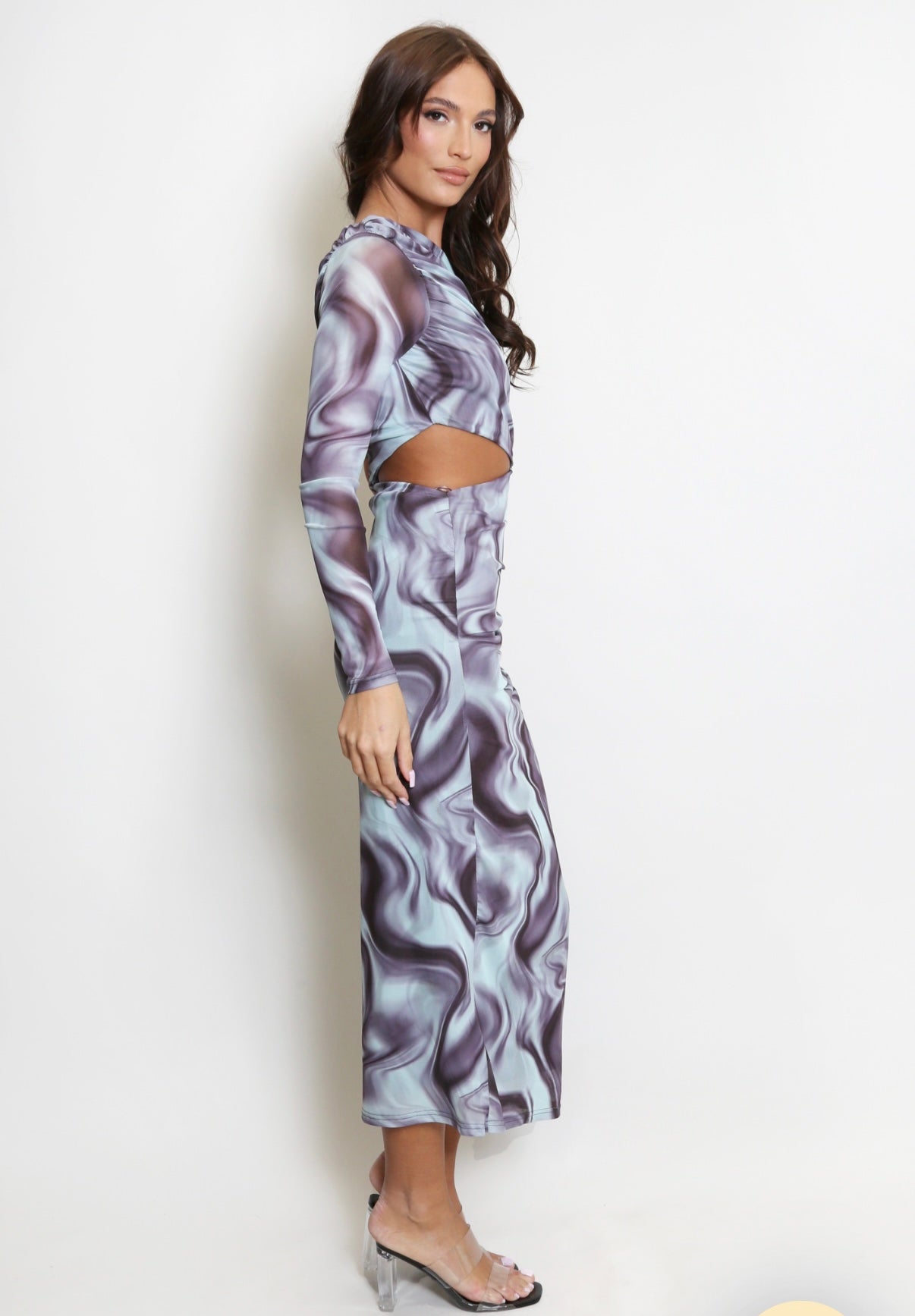 BLUE MULTI MARBLE PRINT ASYMMETRIC CUT OUT MIDI DRESS