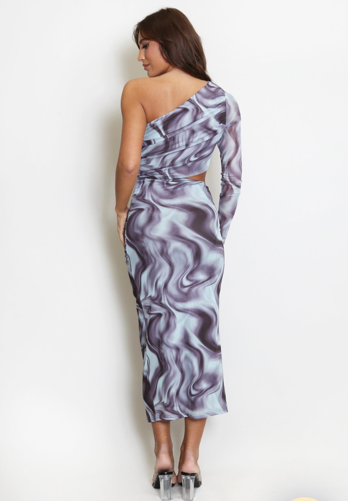 BLUE MULTI MARBLE PRINT ASYMMETRIC CUT OUT MIDI DRESS