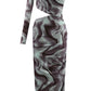 BLUE MULTI MARBLE PRINT ASYMMETRIC CUT OUT MIDI DRESS