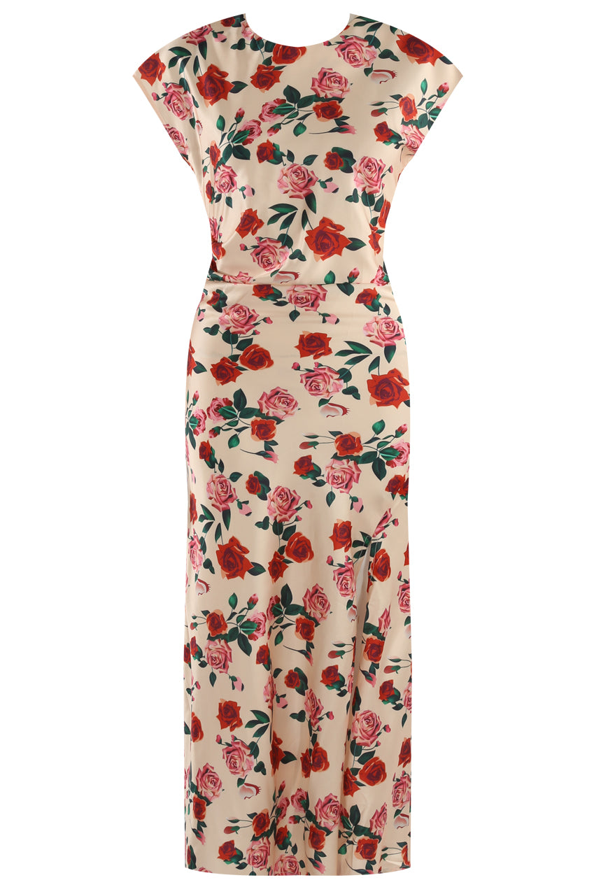 CHAMPAGNE CREAM ROSE PRINT MIDI DRESS
