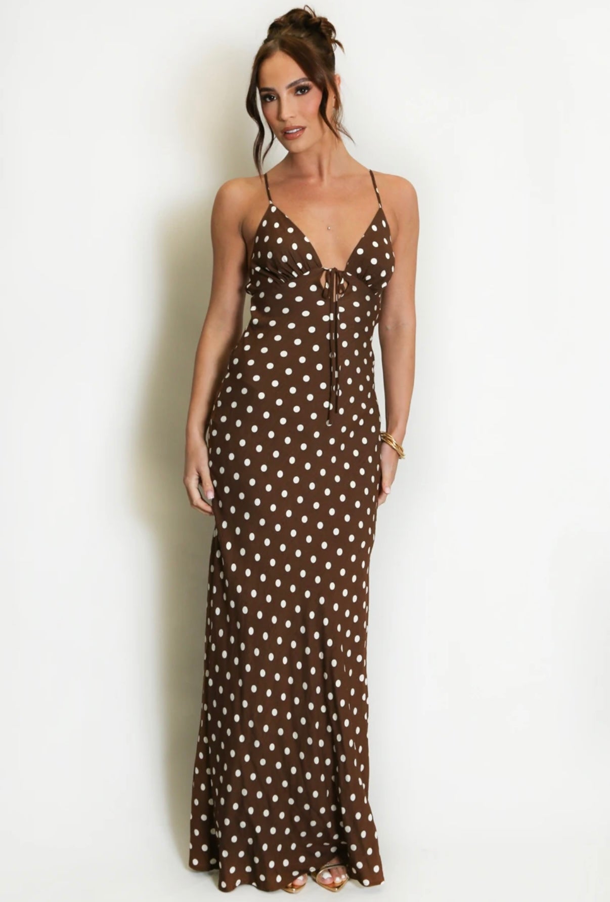 CHOCOLATE BROWN POLKA DOT PRINT CUT OUT BACK MAXI DRESS