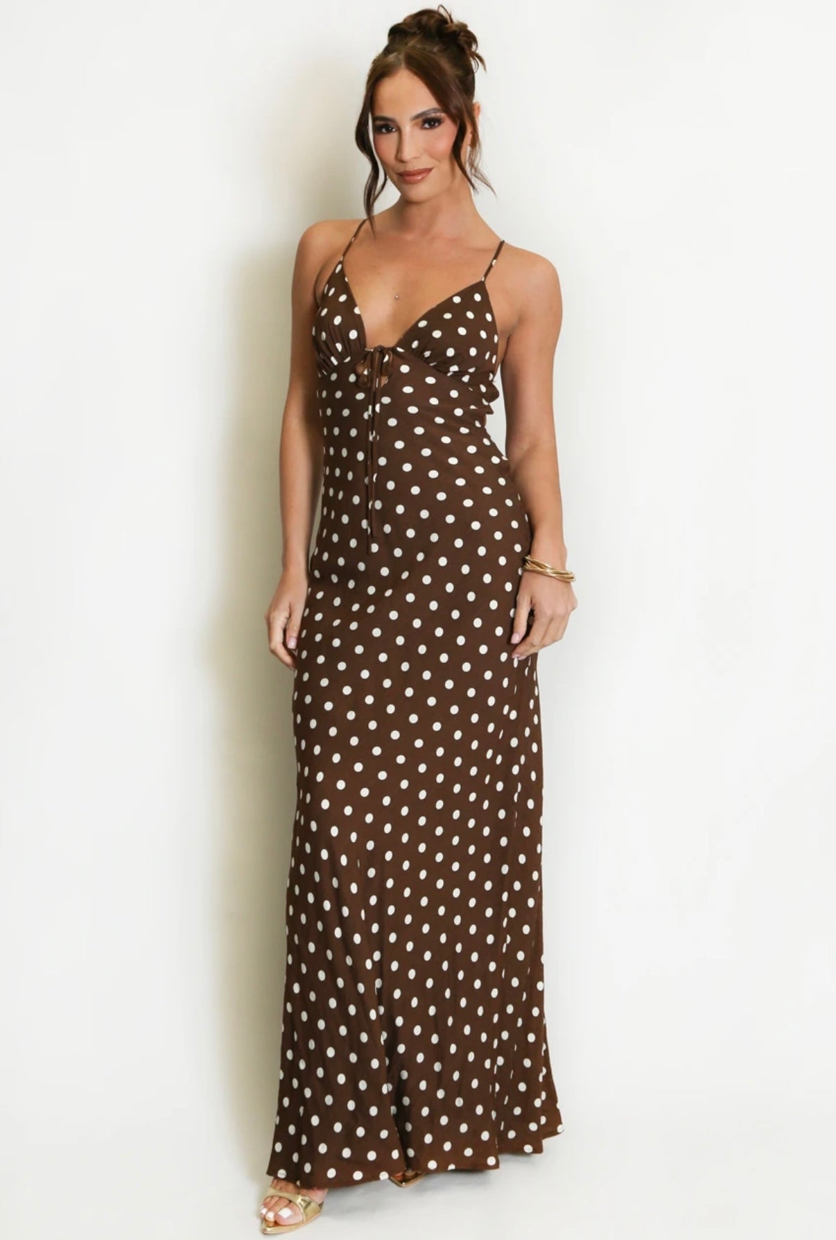 CHOCOLATE BROWN POLKA DOT PRINT CUT OUT BACK MAXI DRESS