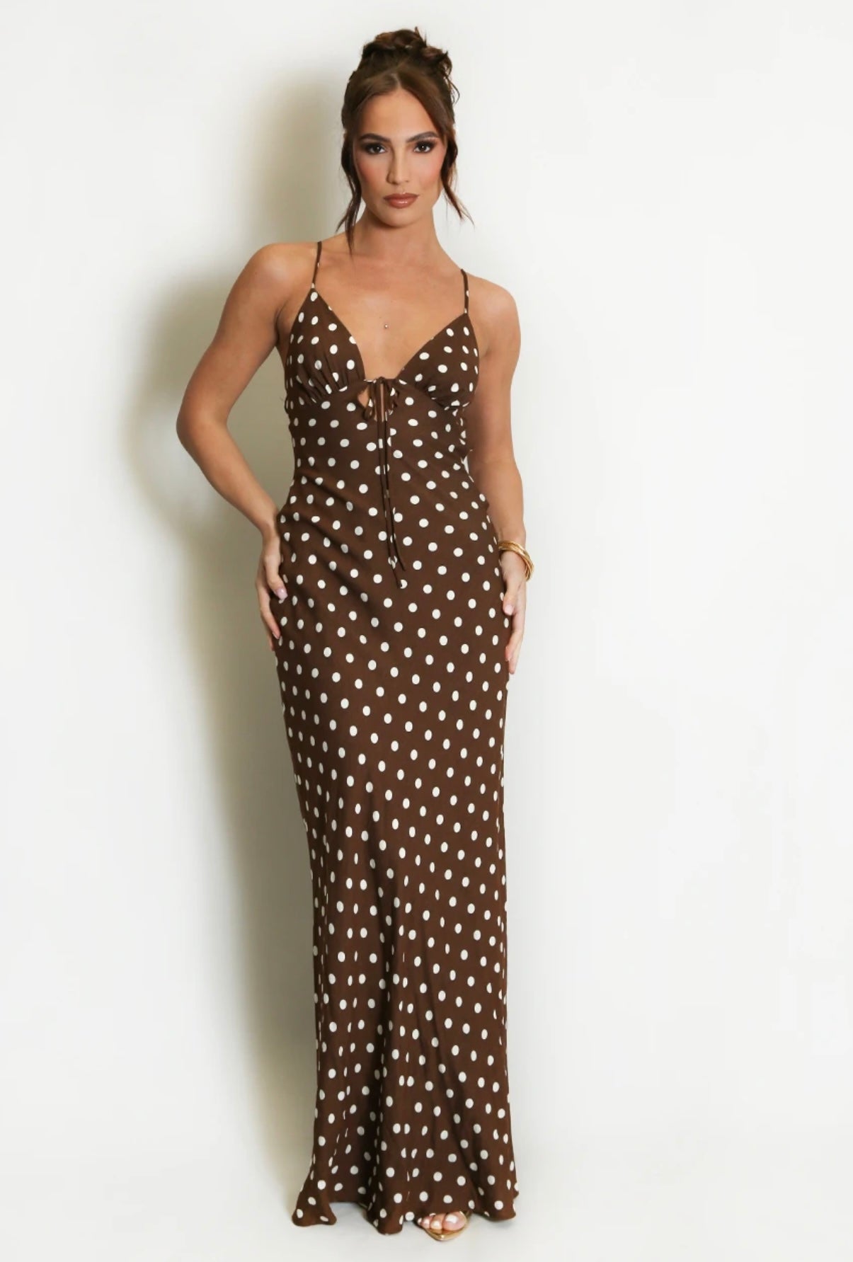 CHOCOLATE BROWN POLKA DOT PRINT CUT OUT BACK MAXI DRESS