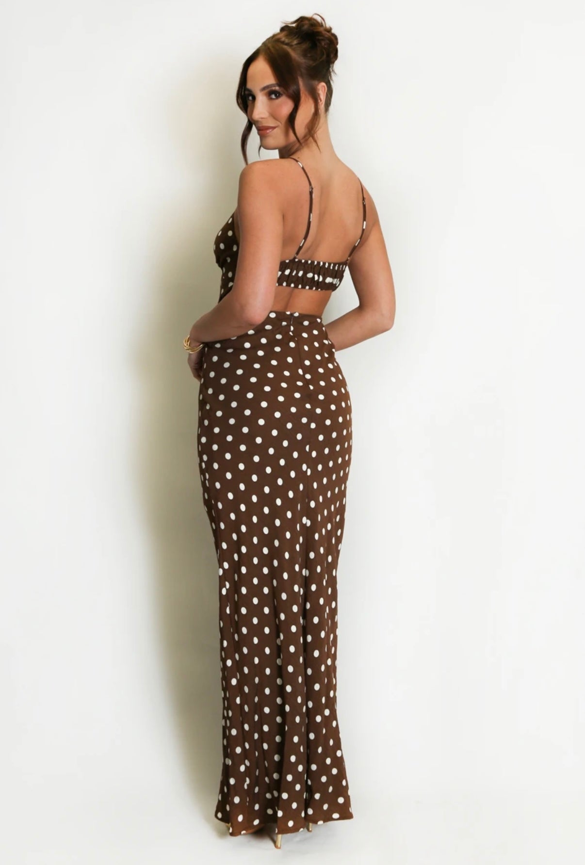 CHOCOLATE BROWN POLKA DOT PRINT CUT OUT BACK MAXI DRESS