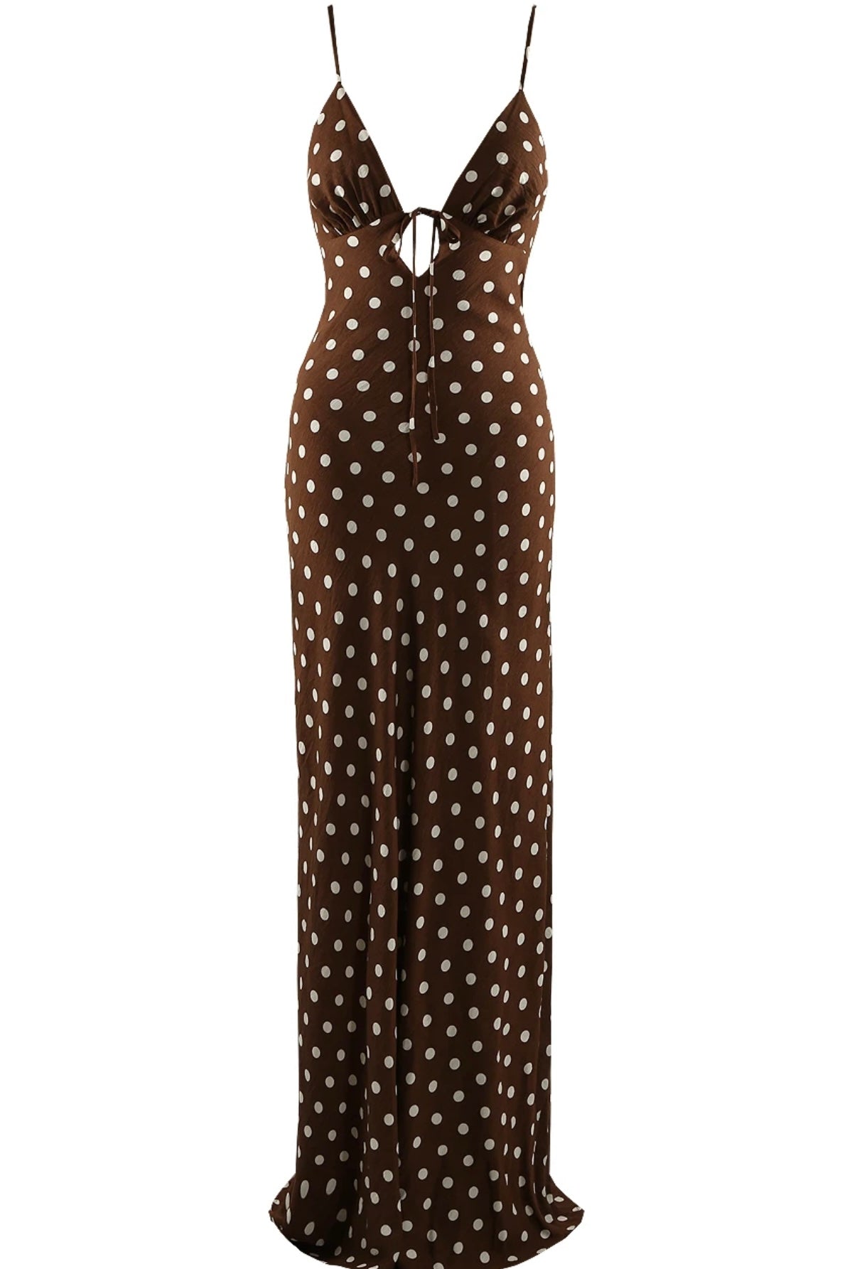 CHOCOLATE BROWN POLKA DOT PRINT CUT OUT BACK MAXI DRESS