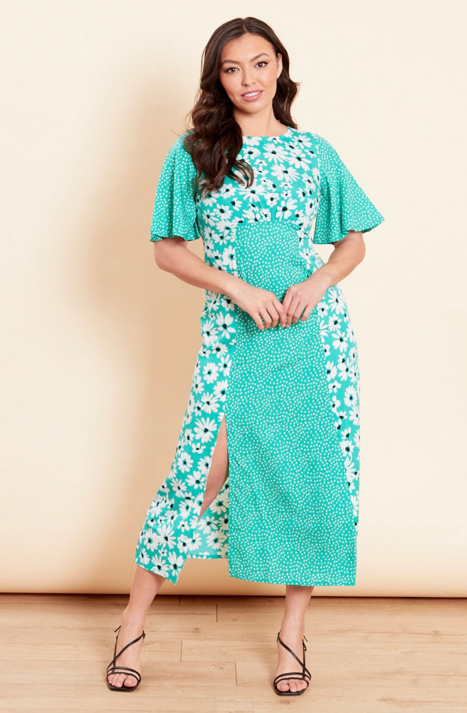 Emerald green floral & spot mixed print flutter sleeve midi dress with empire line & side slit