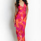 FUCHSIA MULTI ABSTRACT PRINT CUT OUT BACK MAXI DRESS