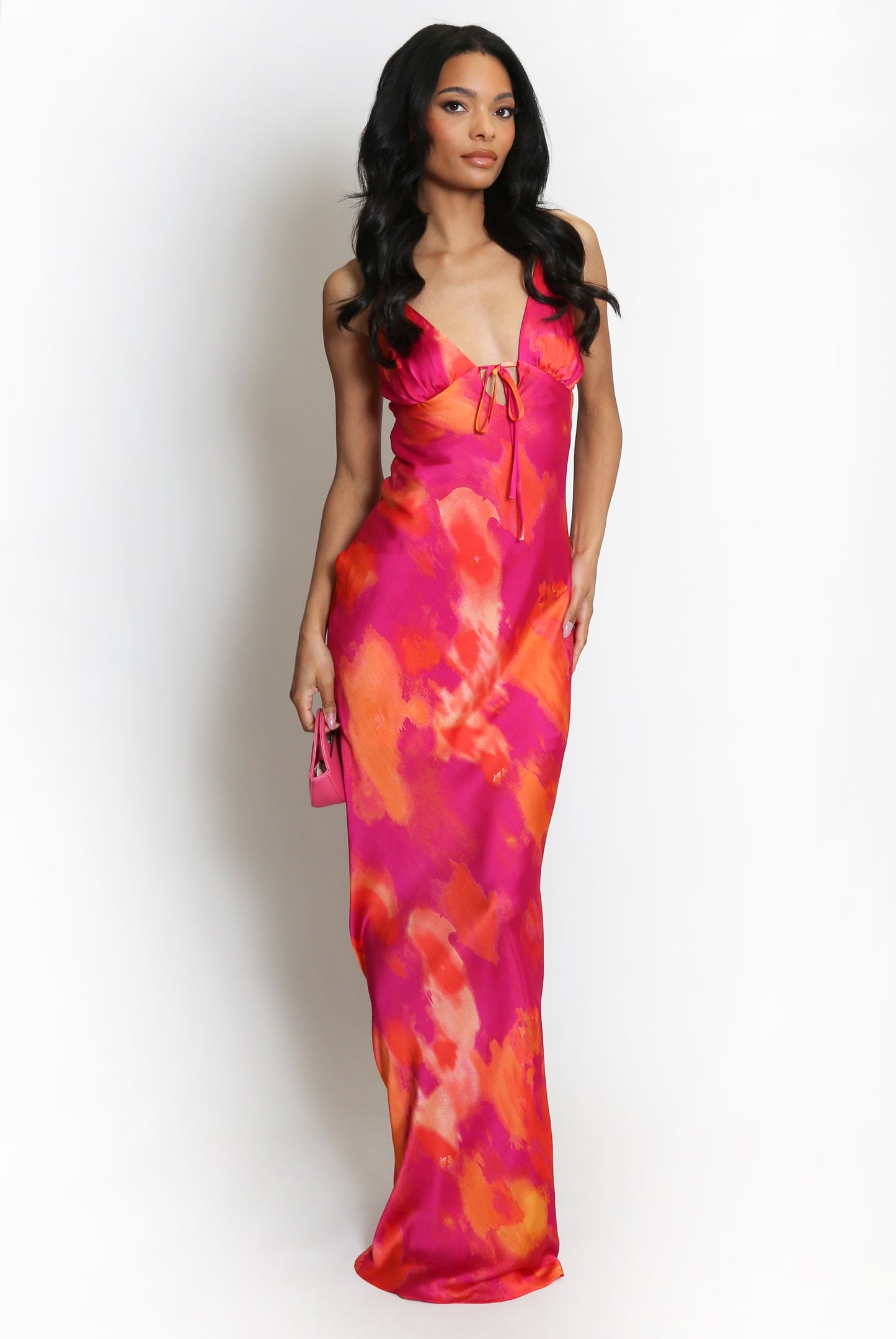FUCHSIA MULTI ABSTRACT PRINT CUT OUT BACK MAXI DRESS