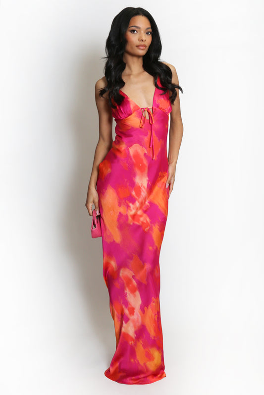 FUCHSIA MULTI ABSTRACT PRINT CUT OUT BACK MAXI DRESS